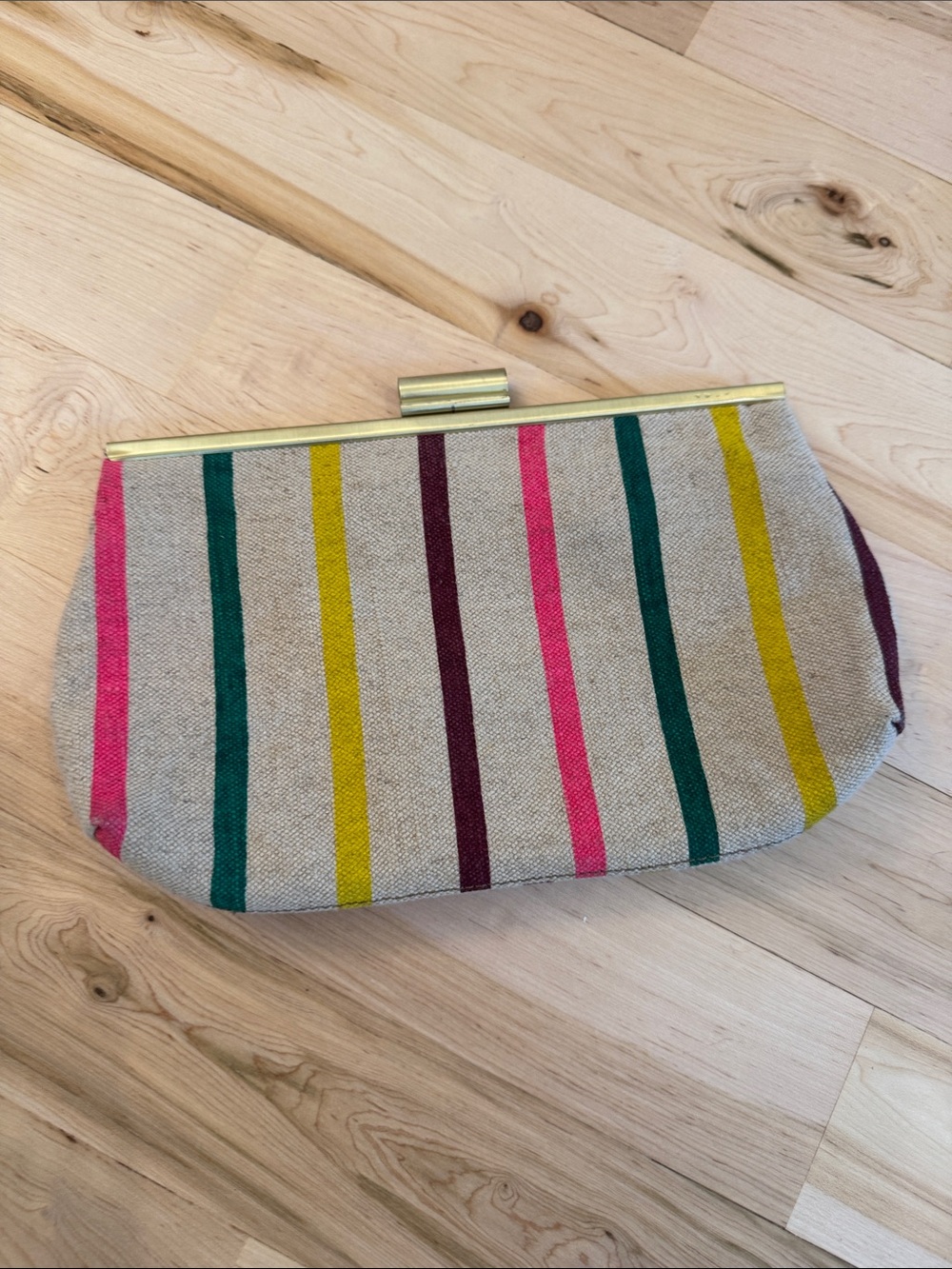 J Crew Clutch Purse Bag Cotton Linen Blend Colorful Stripe Tan Gold Tone
